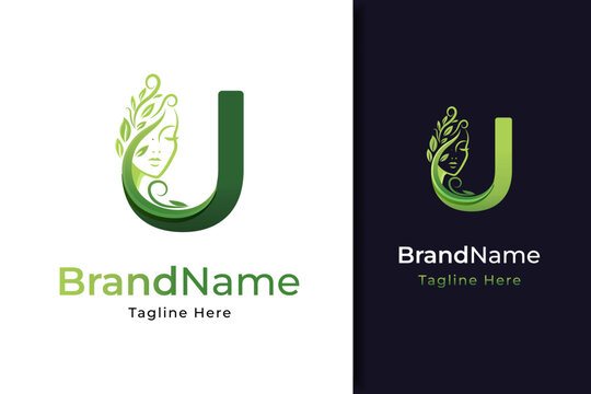 luxury monogram initial letter u with silhouette of Face woman in fresh leaf design logo template	