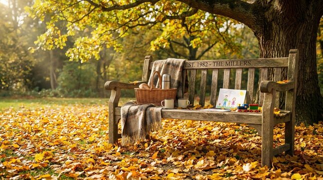 Cozy Autumn Park Scene with Wooden Bench, Falling Leaves and Family Picnic Setup in Warm Sunlight