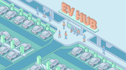 Obraz premium Isometric Electric Vehicle Charging Station Hub with Cars and People, Sustainable Transportation Infrastructure Concept for Green Energy and Smart City Planning
