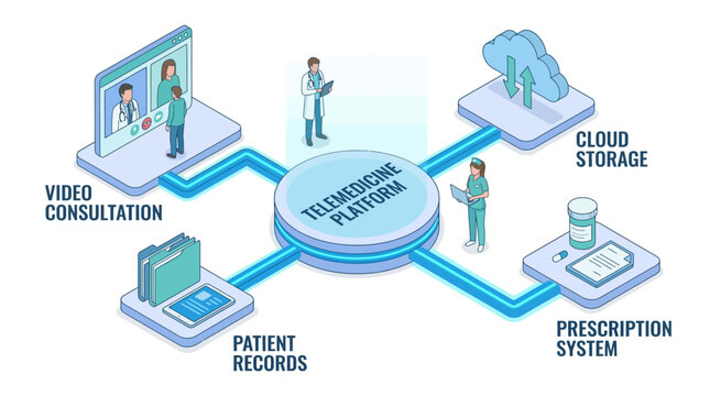 Telemedicine Platform Infographic with Isometric Medical Icons for Digital Health Consultation, Remote Patient Care, and Cloud Data Management Systems