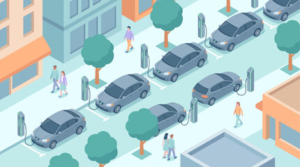 Fototapeta premium Isometric Electric Vehicle Charging Station with Cars and People in Modern Cityscape for Sustainable Transport Concept