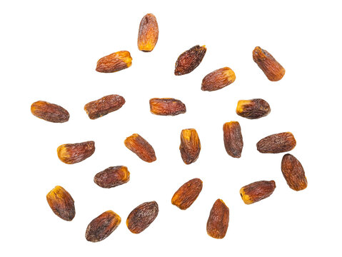 Scattered dried dates isolated on Transparent background, top view, natural texture, healthy snack ingredient, copy space for packaging or recipe design.