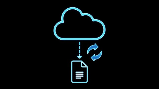 Cloud data synchronization glowing neon icon graphic animation on black background footage.