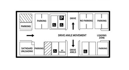 Diagram of a parking lot layout with directional arrows and signs. © Garu
