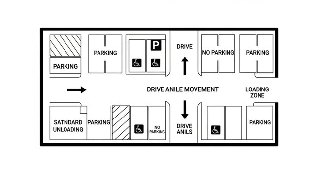 Diagram of a parking lot layout with directional arrows and signs.