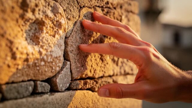 Closeup of human hand touching textured stone wall in warm natural light outdoors