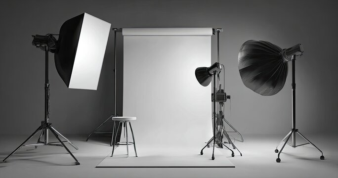 A professional photography studio setup with lighting equipment and a backdrop.