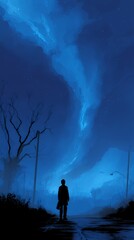 Fototapeta premium Midnight Wanderer: Silhouette Under Starry Blue Night Sky