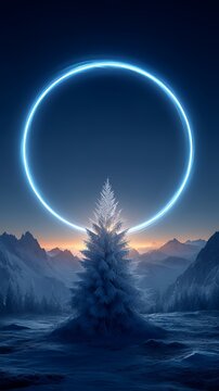 Luminous Celestial Ring: Frosted Pine in Alpine Winter Glow