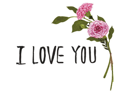 Hand-painted gouache purple and pink carnation bouquet with "I LOVE YOU" English calligraphy, isolated floral element for Mother's Day and anniversary