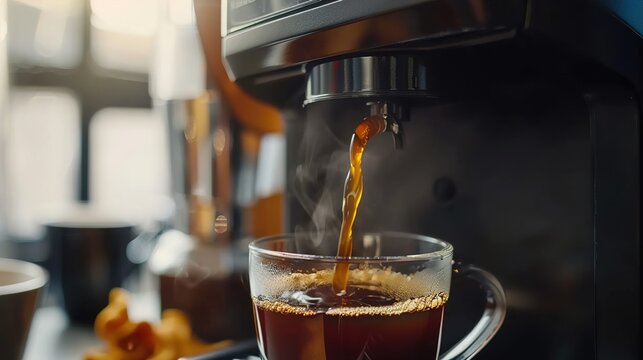 Freshly brewed coffee pouring into a clear glass mug steam rising in soft lighting capturing the rich aroma and warmth of a cozy morning beverage