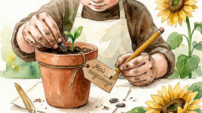 Watercolour. Child planting seedling with care in flowerpot surrounded by sunflowers