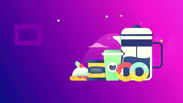 Coffee break selection animation features a French press with hot coffee and sweet bakery treats.