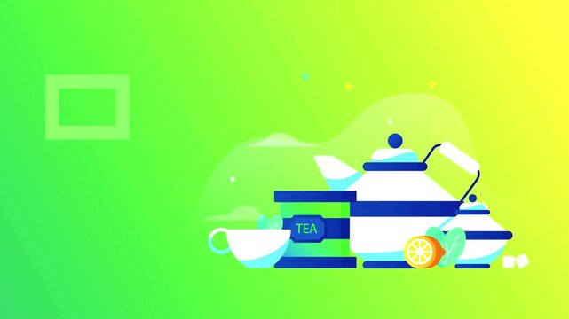 Tea time relaxation animation features a white teapot with herbal tea and fresh citrus slices.