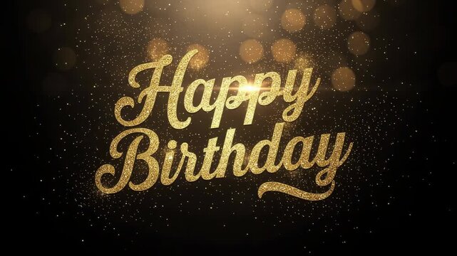 Elegant golden happy birthday text with sparkling glitter and light effects on dark background