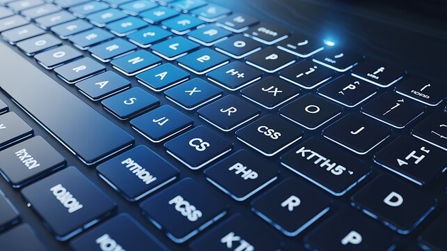 Close-up Shot of a Keyboard with Illuminated Keys Displaying Programming Language Names