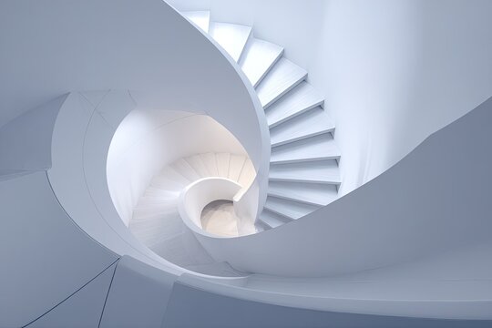 A striking architectural photograph showcases a spiraling white staircase within a modern, minimalist interior, emphasizing clean lines and a sense of upward movement.