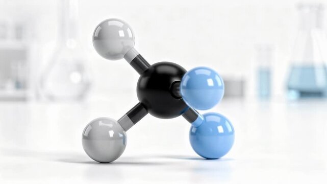 Close up of a molecular model with black white and blue atoms representing chemical structure in a laboratory setting