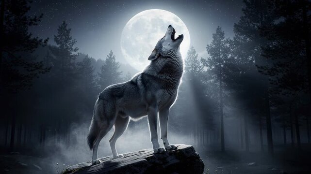 Majestic wolf howling at the full moon in a misty forest under a starry night sky