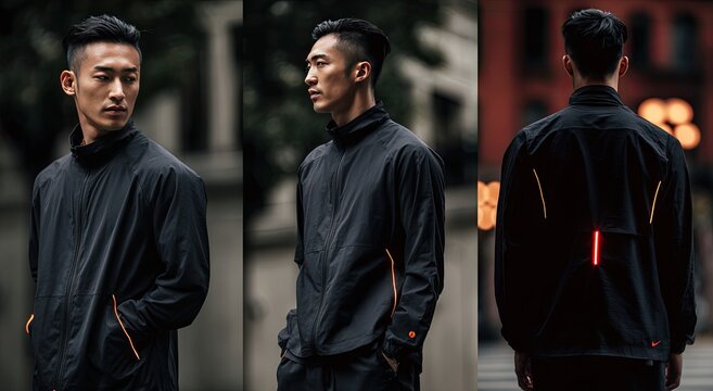 A triptych showcases a stylish Asian man wearing a black and orange Nike running jacket, captured in urban settings with a focus on athletic wear and modern aesthetics.