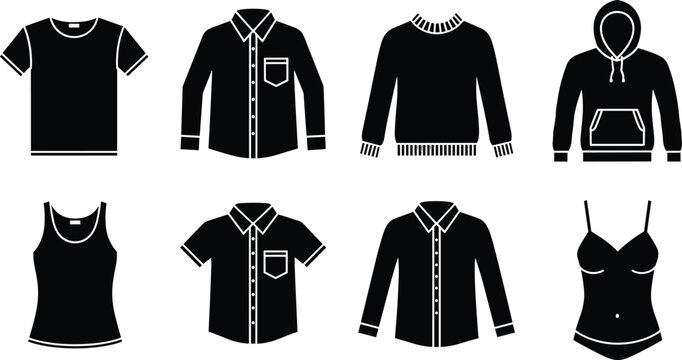 Vector silhouette set of essential apparel featuring t-shirts long sleeve button downs sweaters hoodies and tank tops for fashion retail