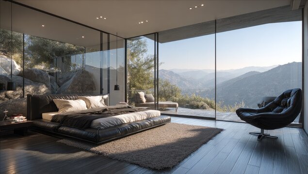 A luxurious modern bedroom features floor-to-ceiling windows overlooking a stunning mountain landscape.