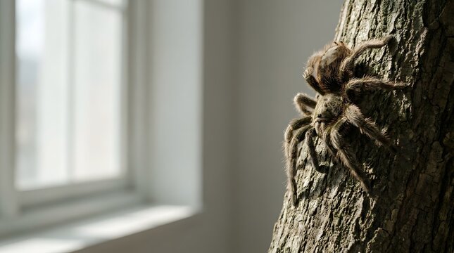 Hairy tarantula spider climbing on a tree trunk macro shot natural lighting on a textured bark background