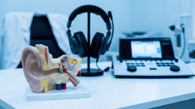Professional hearing test setup with clinical medical technology. An audiometer, headphone, and anatomical ear model on desk for an audiology examination concept