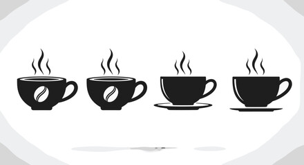 Fototapeta premium Vector silhouette set of steaming coffee cups with espresso beans and saucers for cafe branding and restaurant menus