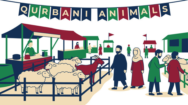 Vector illustration of a Qurbani animal market with sheep and goats for Eid al-Adha festival