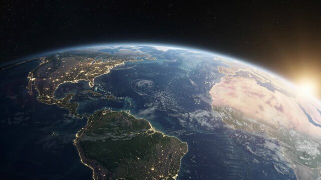 Stunning view of Earth from space showing North and South America with city lights and sunrise over the horizon