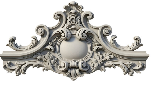 Ornate plaster architectural decoration element featuring scrolls leaves and central cartouche for classic interior design projects