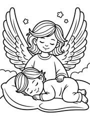 Fototapeta premium Guardian Angel's Gentle Vigil: An illustration depicts a serene angel tenderly watching over a sleeping child, symbolizing protection and peace.