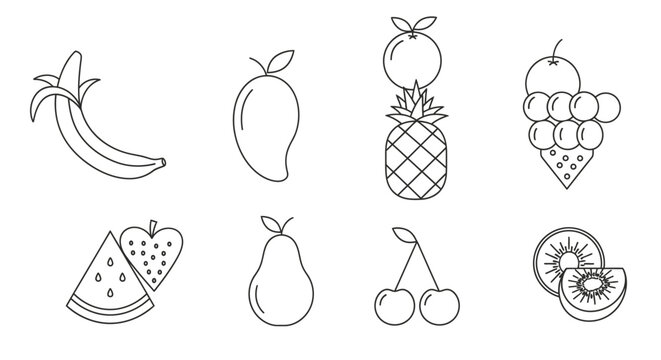 Outlined fruits collection banana mango pineapple grapes strawberry pear cherries kiwi