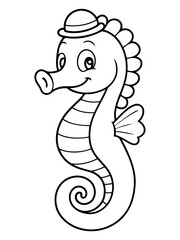 Fototapeta premium Whimsical Seahorse Illustration: A delightful illustration of a seahorse wearing a dapper hat, creating a cheerful and imaginative scene.