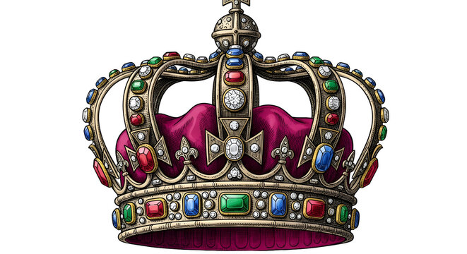 Ornate royal crown illustration with jewels red velvet lining and a cross vintage engraved style on a black backdrop