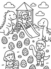 Fototapeta premium Dino Easter Adventure: A joyful scene of children and friendly dinosaurs enjoying a playful Easter egg hunt. 