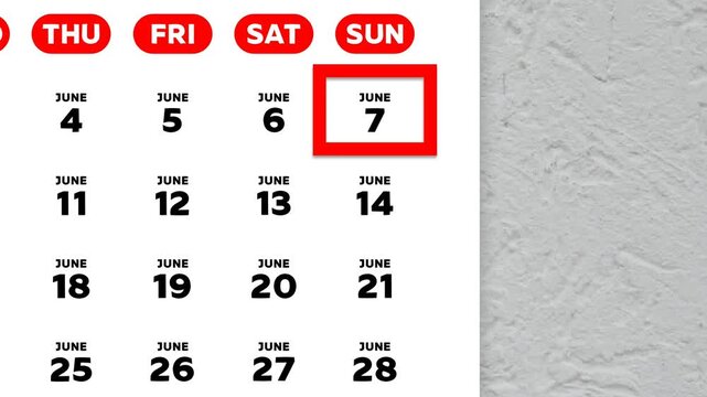 The date June 7th marked with a red cursor on the wall calendar 2026
