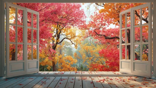 An open window frames a vibrant autumn landscape, showcasing a forest ablaze with red, orange, and yellow foliage, creating a picturesque and inviting scene.