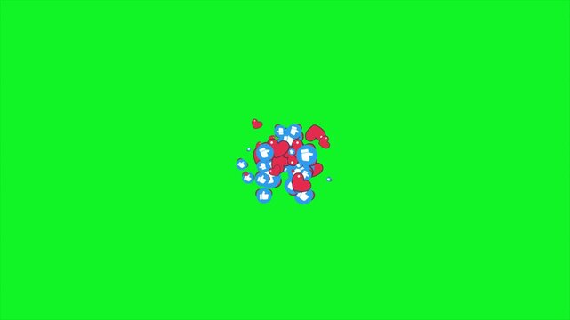 Social media reaction burst green screen, like heart emoji explosion chroma key, notification icons burst animation, engagement reaction particles, floating social icons motion, viral emoji burst 