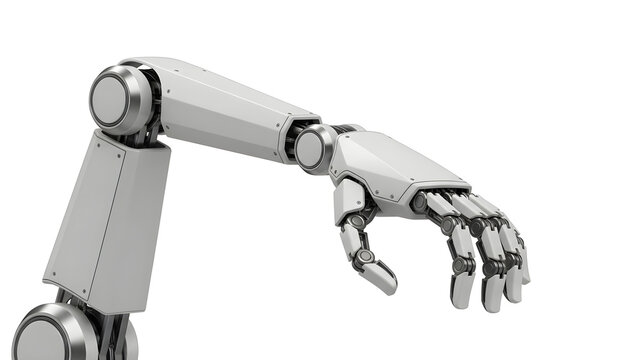 A robotic arm extends outward with a metallic hand on a white background