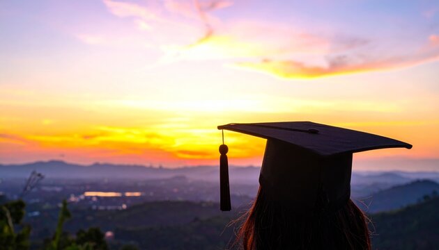 Silhouette of a graduate student wearing a mortarboard cap looking at a beautiful sunrise over a mountain landscape.