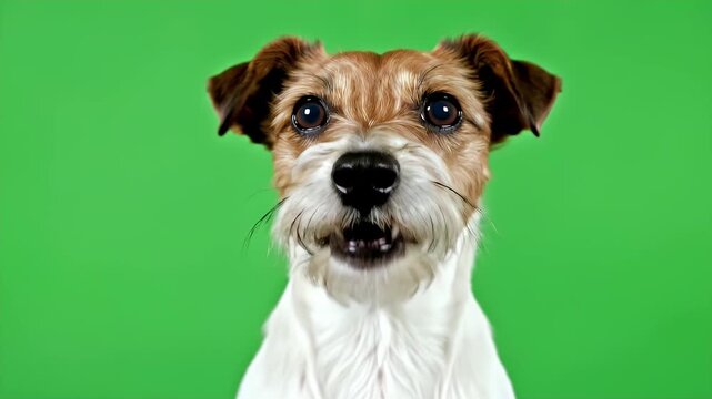 Closeup of a Happy Dog Smiling with Open Mouth Against a Bright Green Background