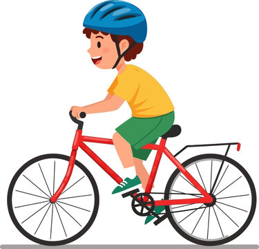 Vector illustration of a happy young boy wearing a blue safety helmet riding a red bicycle on a white background