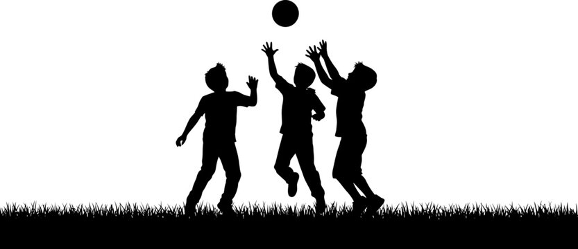 Black silhouette of three active children jumping to catch a ball on a grassy field isolated on white background vector
