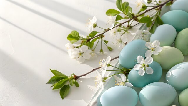 Pastel Easter Eggs Decorated with Blossoming Branch on Neutral Background, Spring Decor
