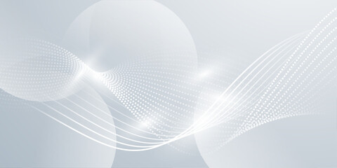 White dotted wave lines with soft transparent circles on light grey background, abstract modern tech futuristic banner design © Nahin