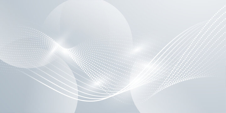 White dotted wave lines with soft transparent circles on light grey background, abstract modern tech futuristic banner design