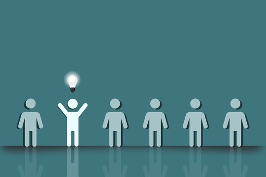 Leadership and innovation concept with standout figure under light bulb among group, creative idea, teamwork, success mindset and business strategy illustration