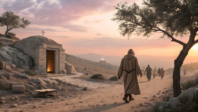 Meditative Monk in Hooded Robe Walking Along Ancient Desert Path at Golden Hour